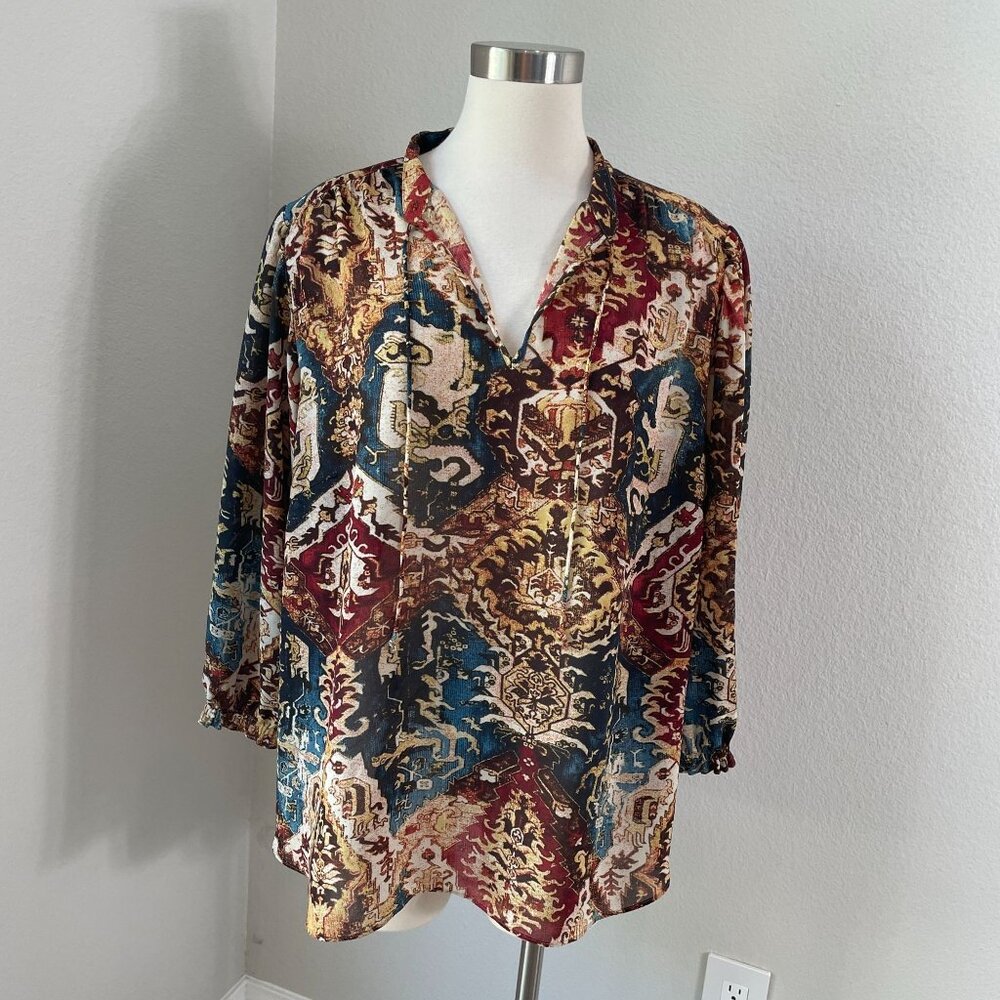 Chaps Denim Womens Plus 2X Boho 3/4 Sleeve Tunic Top Front Tie Neck Blouse